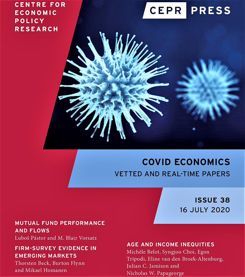 Title page of CEPR’s Covid Economics, Issue 38. The page is mostly red with a picture of a coronavirus on it